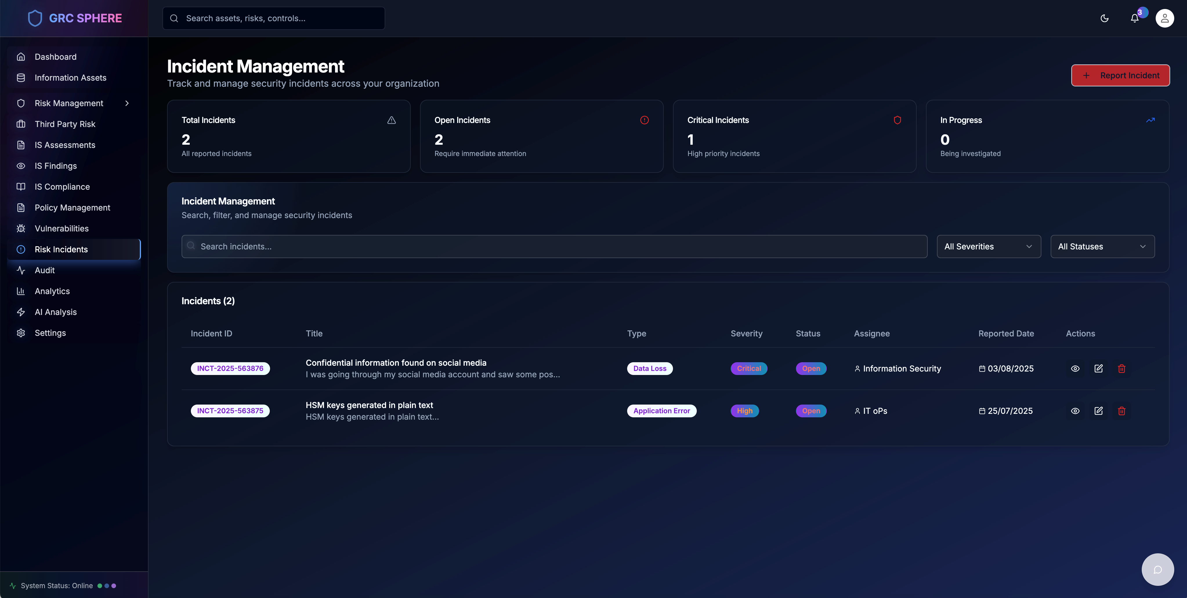Risk & Incident Management preview screenshot